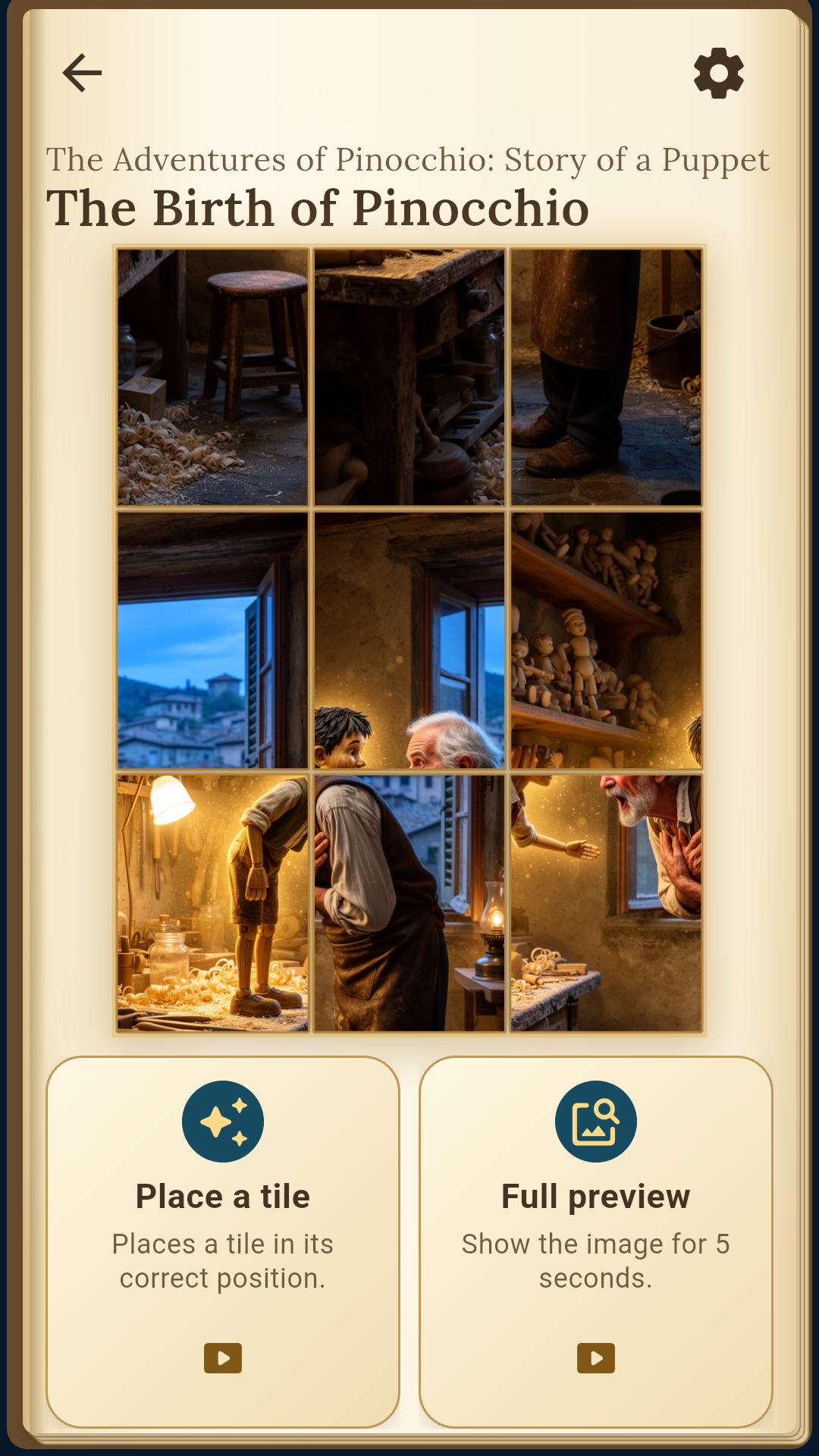 A picture puzzle showing Pinocchio in Geppetto’s workshop