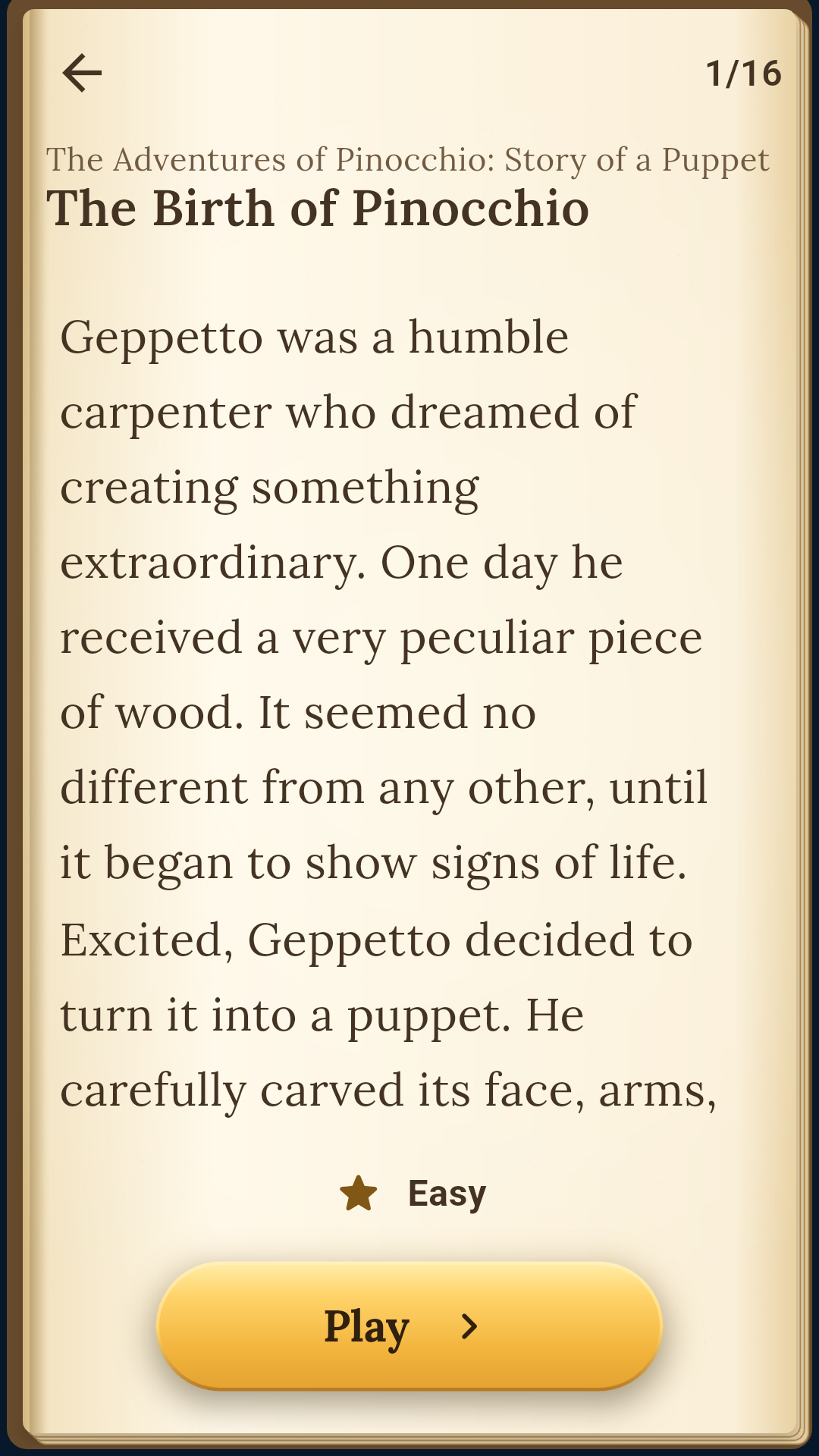 An English reading page from The Adventures of Pinocchio